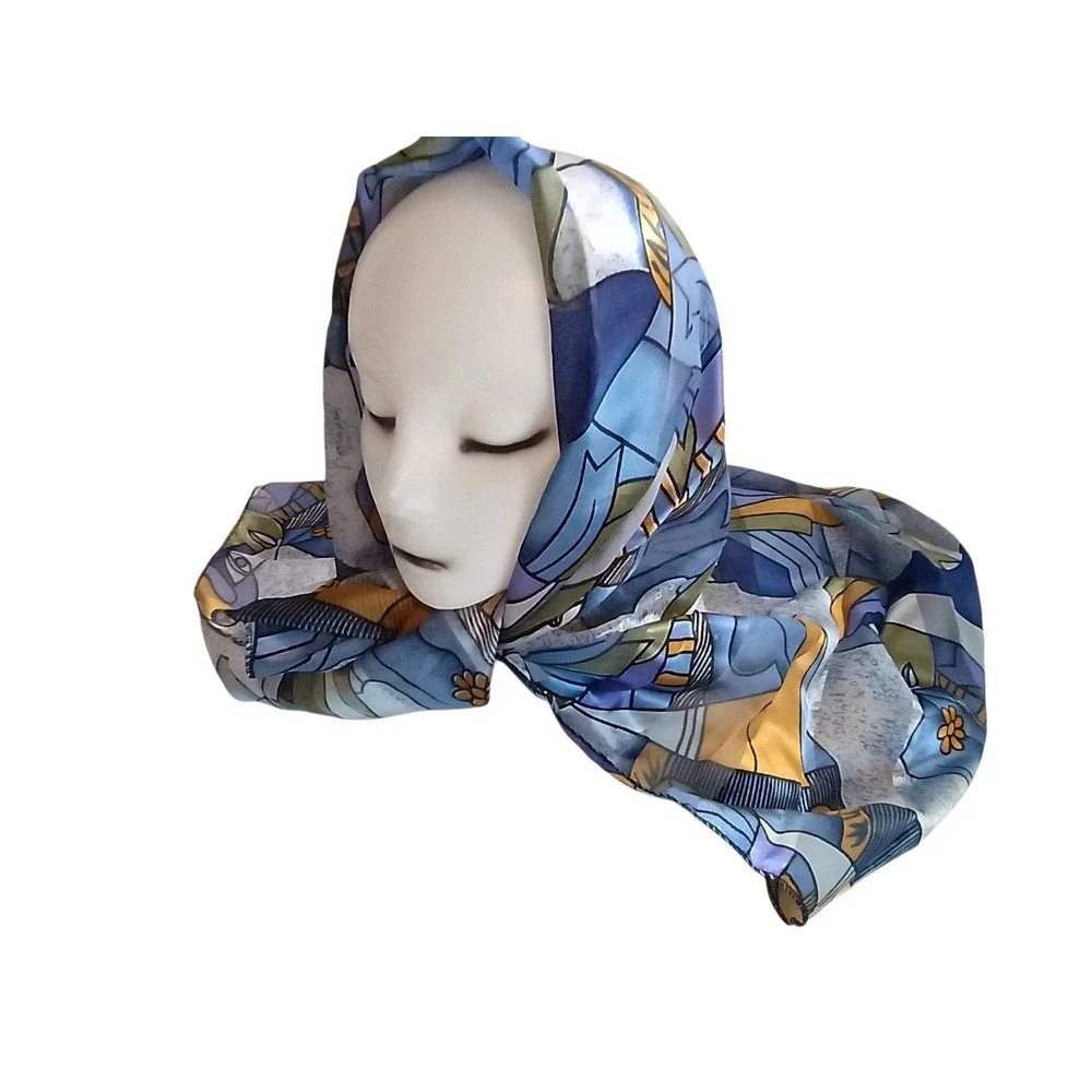 Picasso Tribute Art Print Scarf Blue Gold Cubist Abstract Square Head Wrap 34in